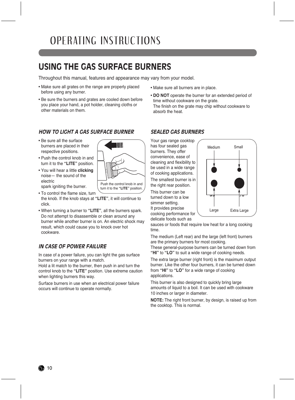 Operating instructions, Using the gas surface burners | LG LRG3021ST User Manual | Page 10 / 76