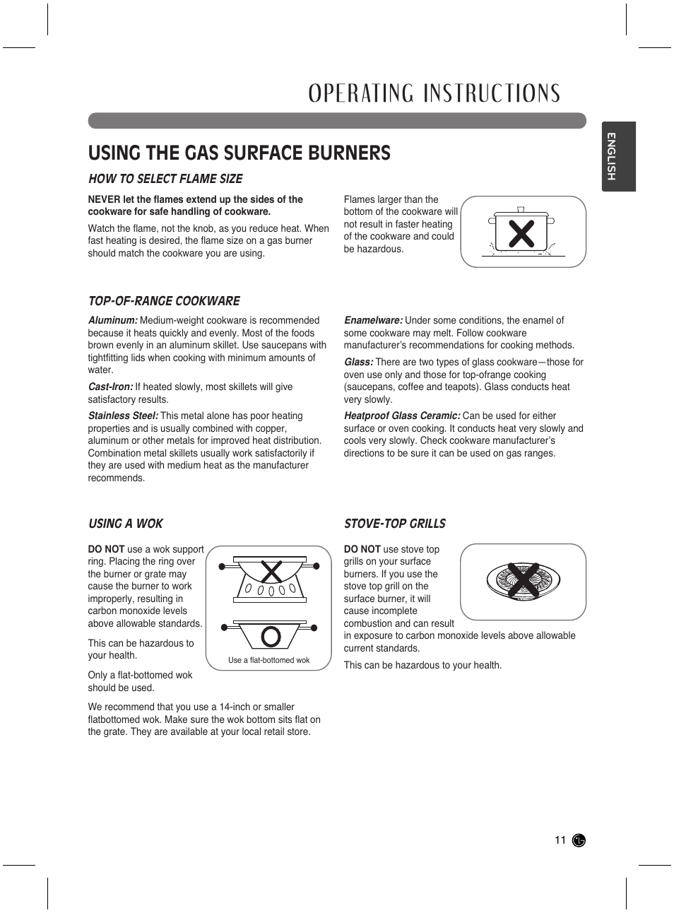 Operating instructions, Using the gas surface burners | LG LRG3021ST User Manual | Page 11 / 76