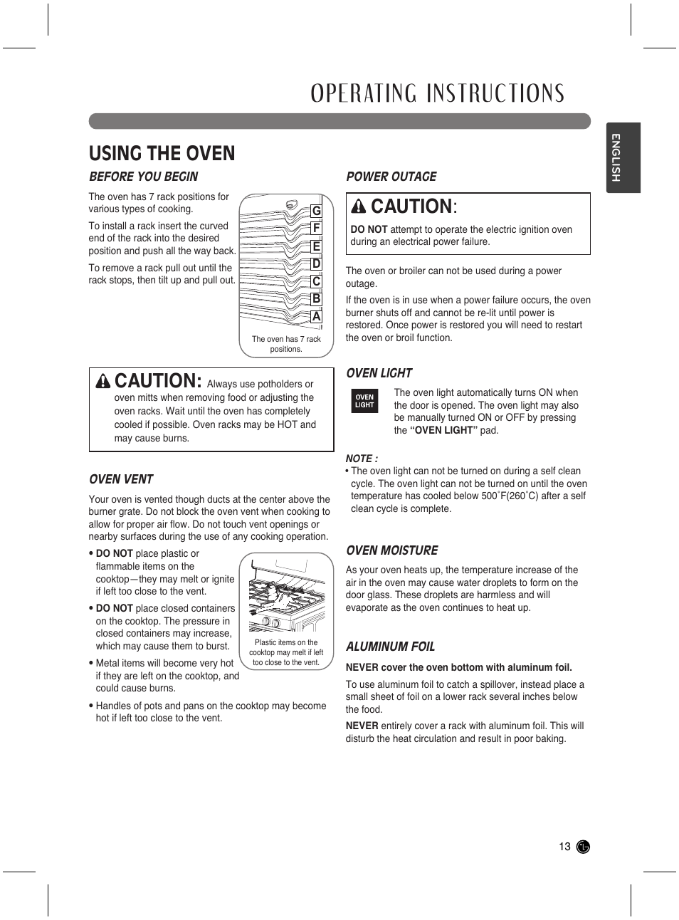 Operating instructions, Using the oven, Caution | LG LRG3021ST User Manual | Page 13 / 76
