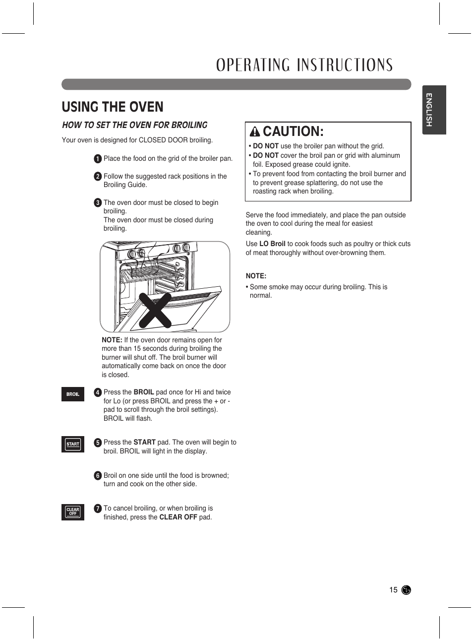 Operating instructions, Using the oven, Caution | LG LRG3021ST User Manual | Page 15 / 76