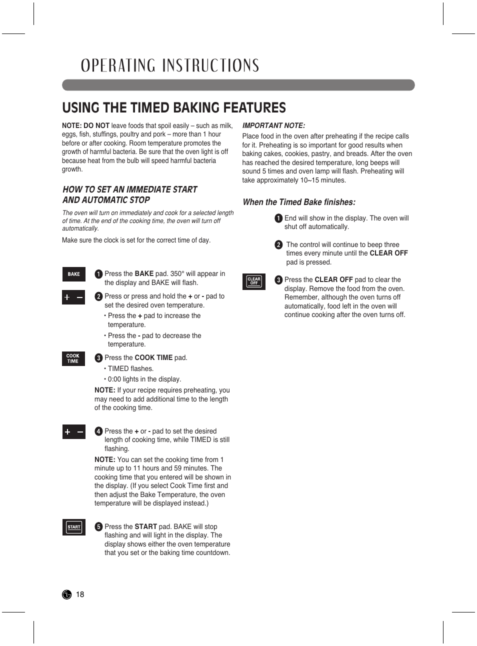 Operating instructions, Using the timed baking features | LG LRG3021ST User Manual | Page 18 / 76