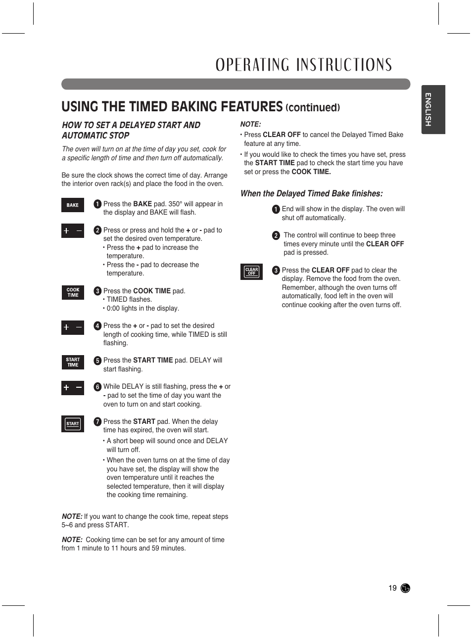 Operating instructions, Using the timed baking features, Continued) | LG LRG3021ST User Manual | Page 19 / 76