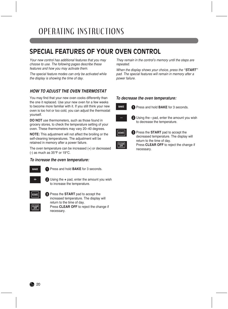 Operating instructions, Special features of your oven control | LG LRG3021ST User Manual | Page 20 / 76