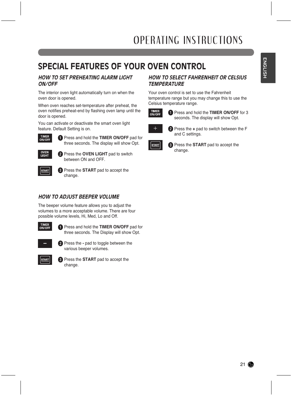 Operating instructions, Special features of your oven control | LG LRG3021ST User Manual | Page 21 / 76