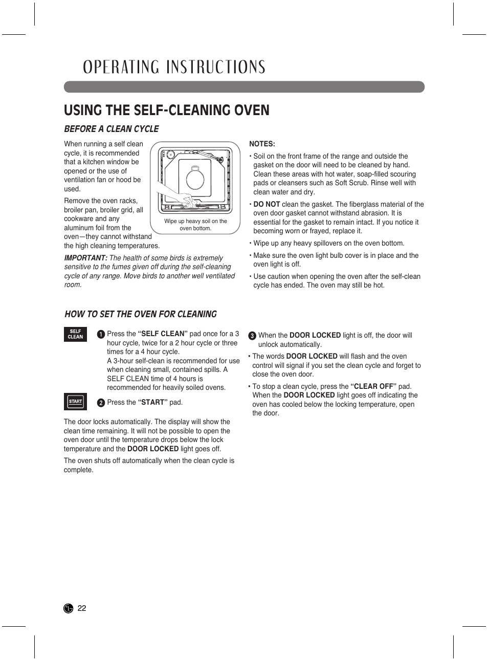 Operating instructions, Using the self-cleaning oven | LG LRG3021ST User Manual | Page 22 / 76