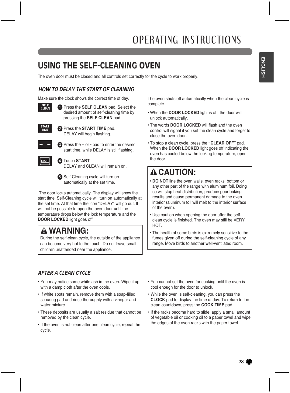 Operating instructions, Using the self-cleaning oven, Warning | Caution | LG LRG3021ST User Manual | Page 23 / 76