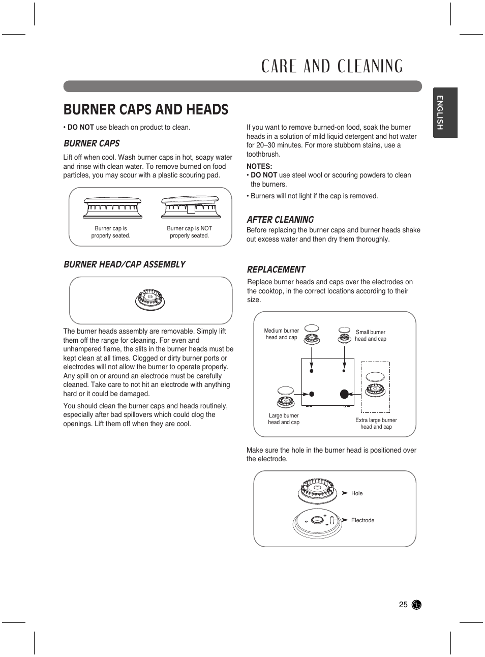 Care and cleaning, Burner caps and heads | LG LRG3021ST User Manual | Page 25 / 76