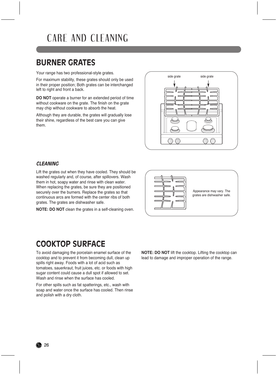 Care and cleaning, Burner grates, Cooktop surface | LG LRG3021ST User Manual | Page 26 / 76