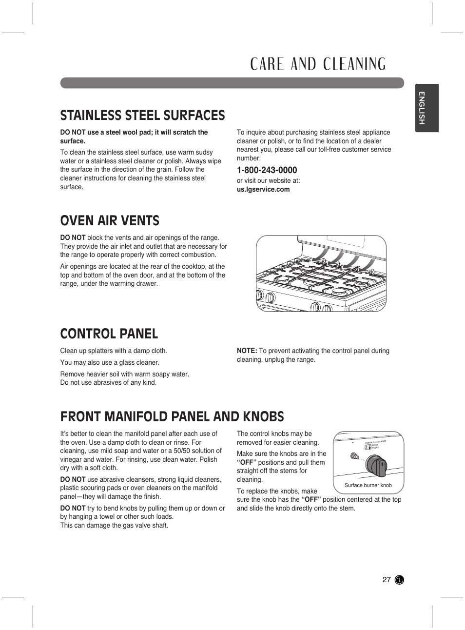 Care and cleaning, Stainless steel surfaces, Oven air vents | Control panel, Front manifold panel and knobs | LG LRG3021ST User Manual | Page 27 / 76