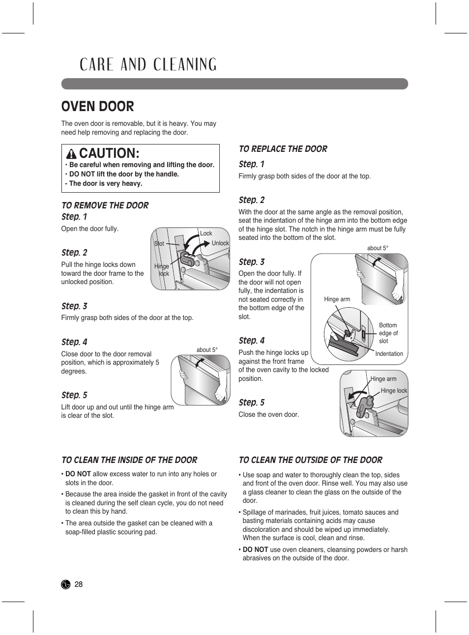 Care and cleaning, Oven door, Caution | LG LRG3021ST User Manual | Page 28 / 76