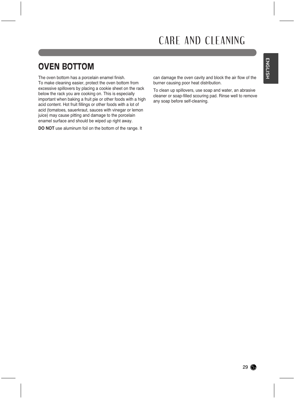 Care and cleaning, Oven bottom | LG LRG3021ST User Manual | Page 29 / 76
