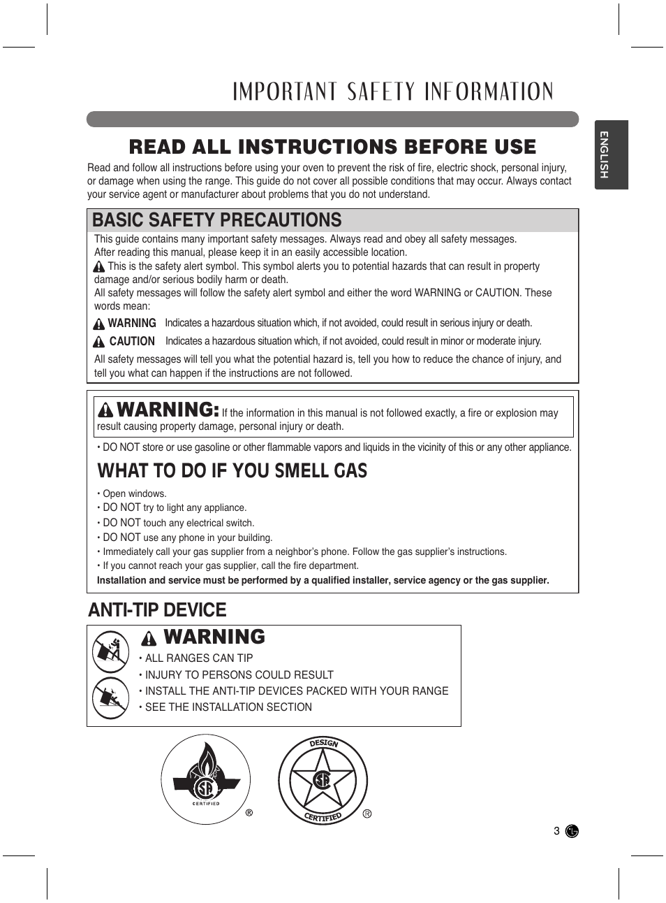 Important safety information, Read all instructions before use warning, Warning | Anti-tip device, What to do if you smell gas, Basic safety precautions | LG LRG3021ST User Manual | Page 3 / 76