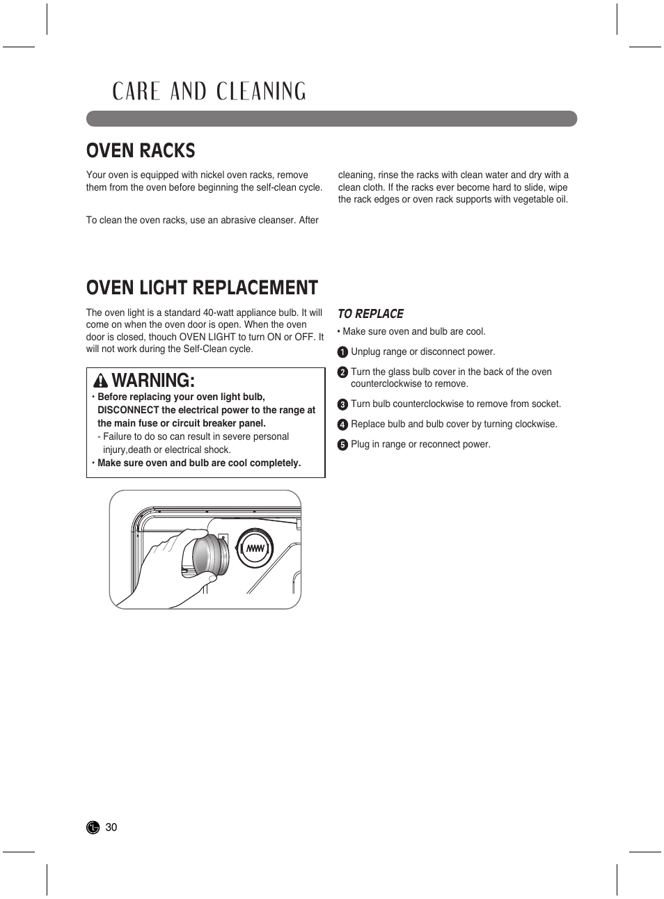Care and cleaning, Oven racks, Oven light replacement warning | LG LRG3021ST User Manual | Page 30 / 76