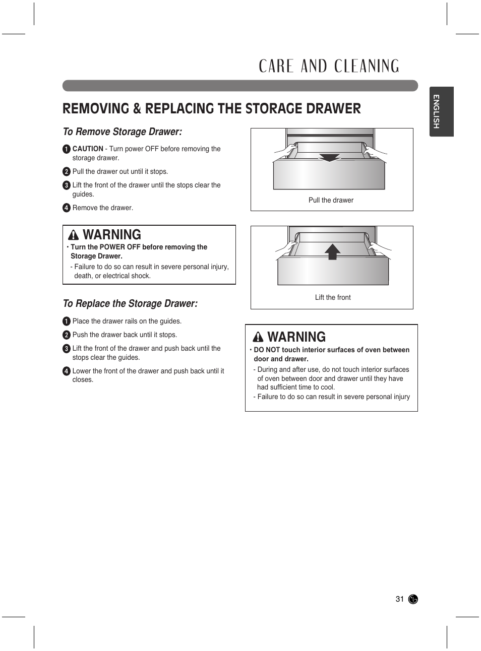 Care and cleaning, Removing & replacing the storage drawer, Warning | LG LRG3021ST User Manual | Page 31 / 76