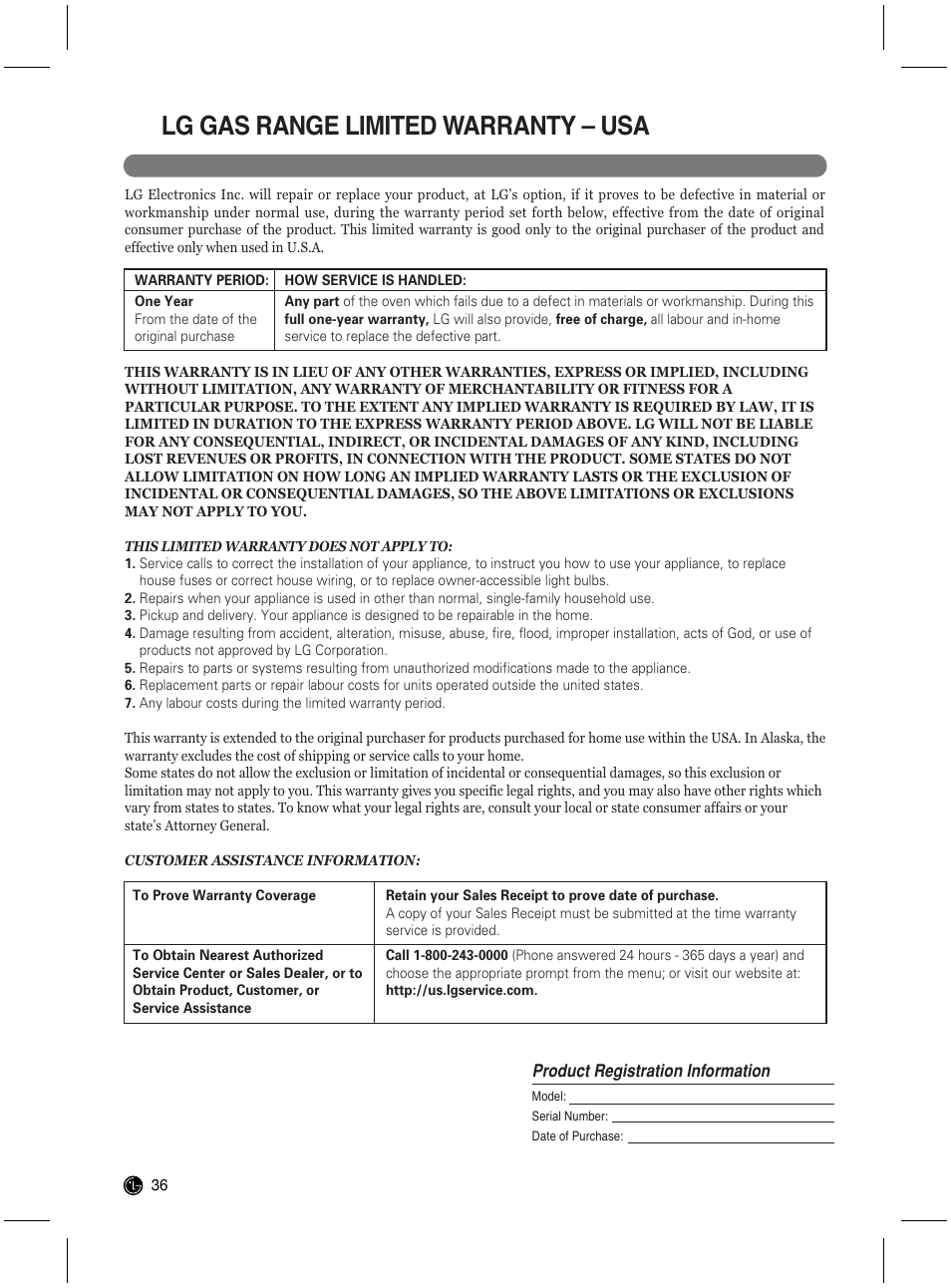 Lg gas range limited warranty – usa | LG LRG3021ST User Manual | Page 36 / 76