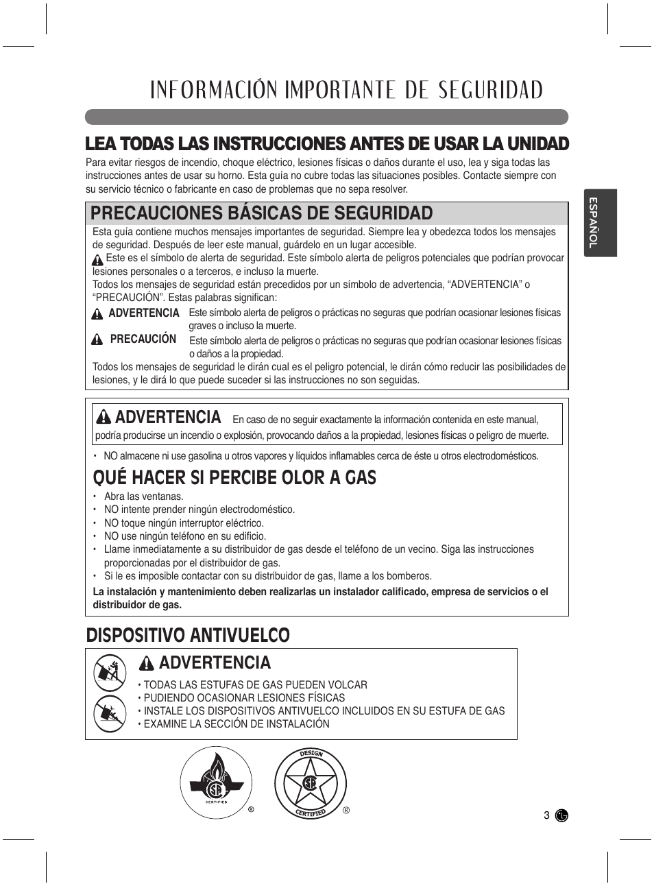 Información importante de seguridad, Precauciones básicas de seguridad, Qué hacer si percibe olor a gas | Advertencia | LG LRG3021ST User Manual | Page 39 / 76