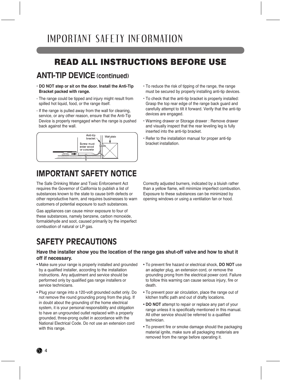 Important safety information, Read all instructions before use, Important safety notice | Safety precautions, Anti-tip device, Continued) | LG LRG3021ST User Manual | Page 4 / 76