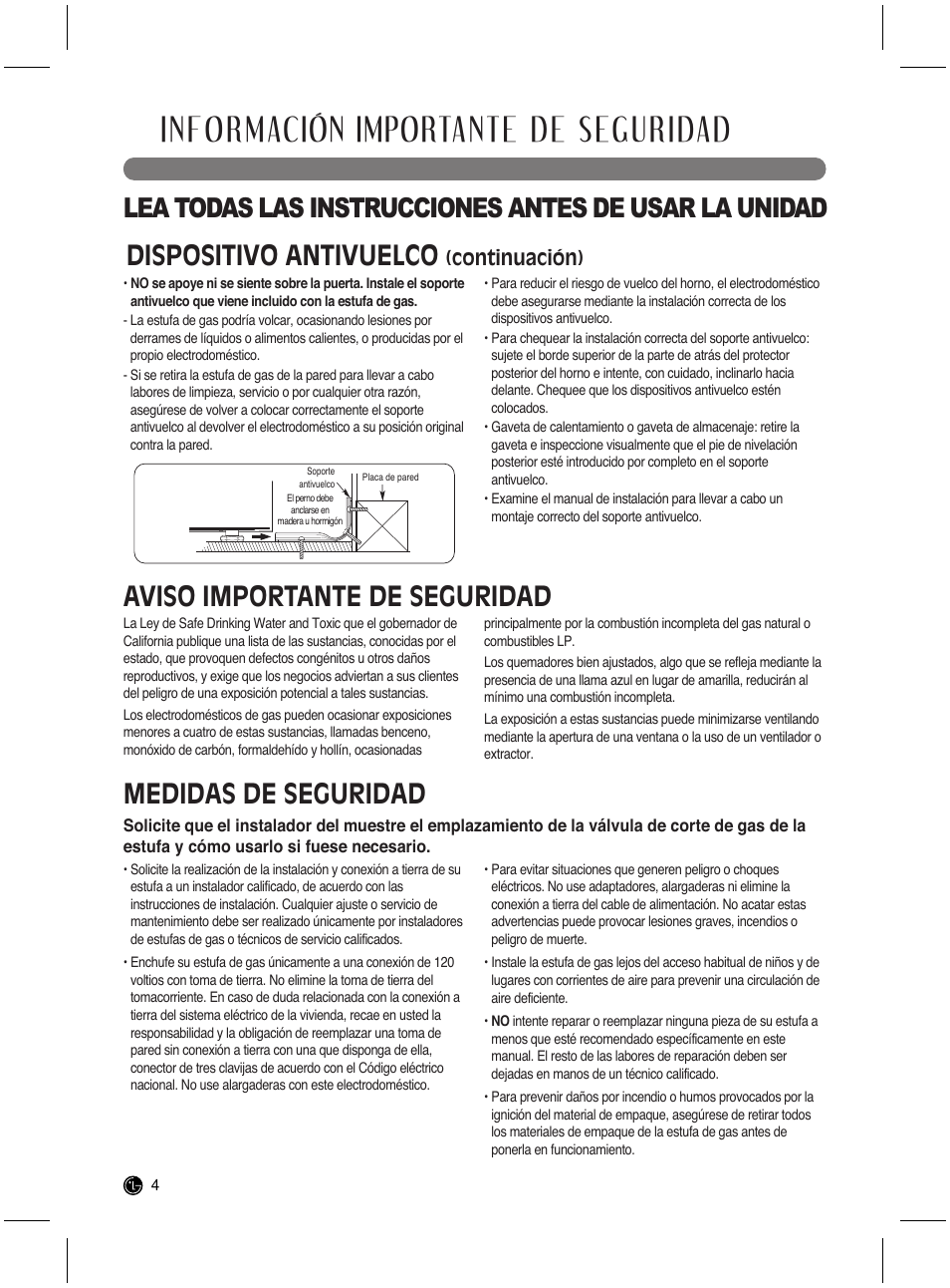 Información importante de seguridad, Aviso importante de seguridad, Medidas de seguridad | Dispositivo antivuelco, Continuación) | LG LRG3021ST User Manual | Page 40 / 76