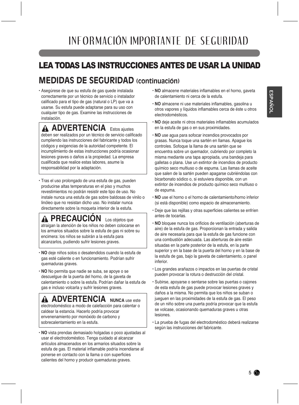 Información importante de seguridad, Medidas de seguridad, Advertencia | Precaución, Continuación) | LG LRG3021ST User Manual | Page 41 / 76