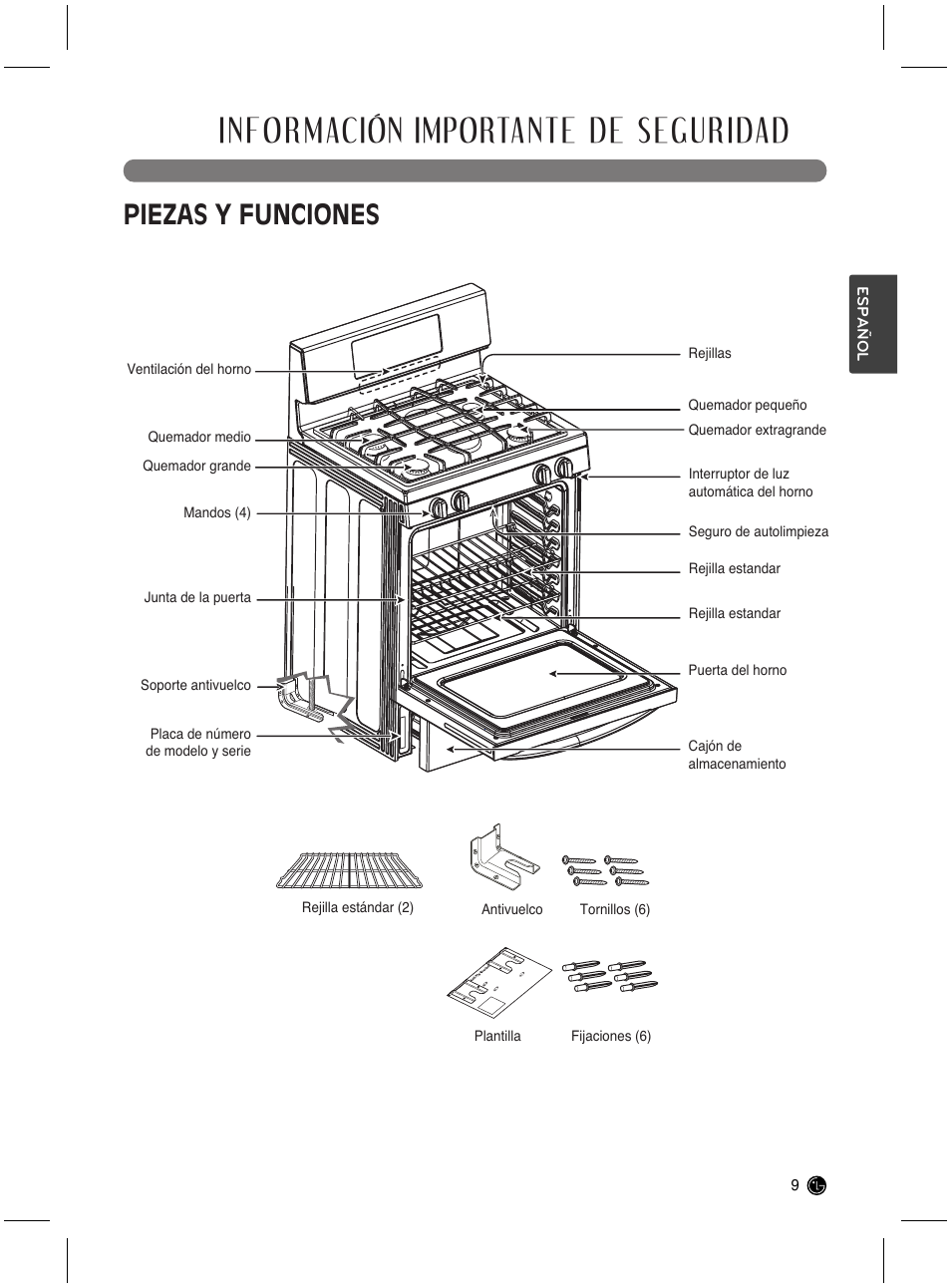 Información importante de seguridad, Piezas y funciones | LG LRG3021ST User Manual | Page 45 / 76