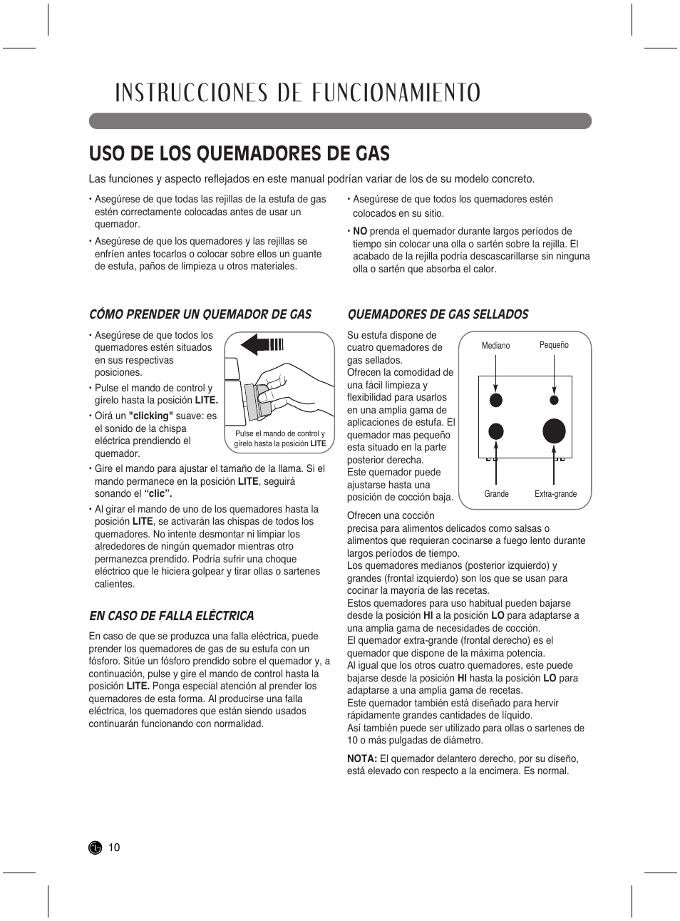 Instrucciones de funcionamiento, Uso de los quemadores de gas | LG LRG3021ST User Manual | Page 46 / 76