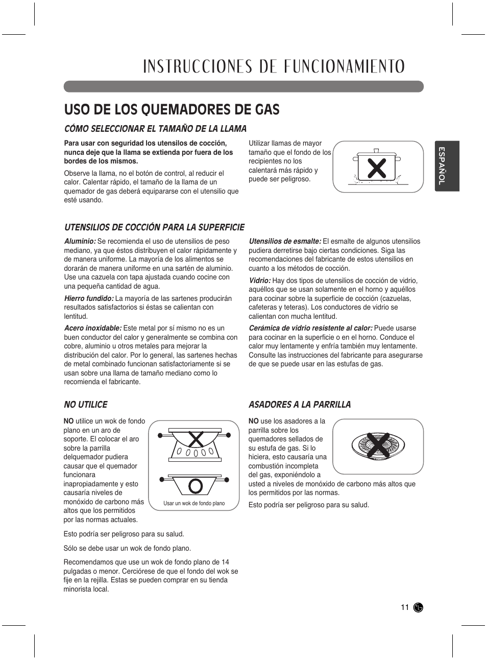 Instrucciones de funcionamiento, Uso de los quemadores de gas | LG LRG3021ST User Manual | Page 47 / 76