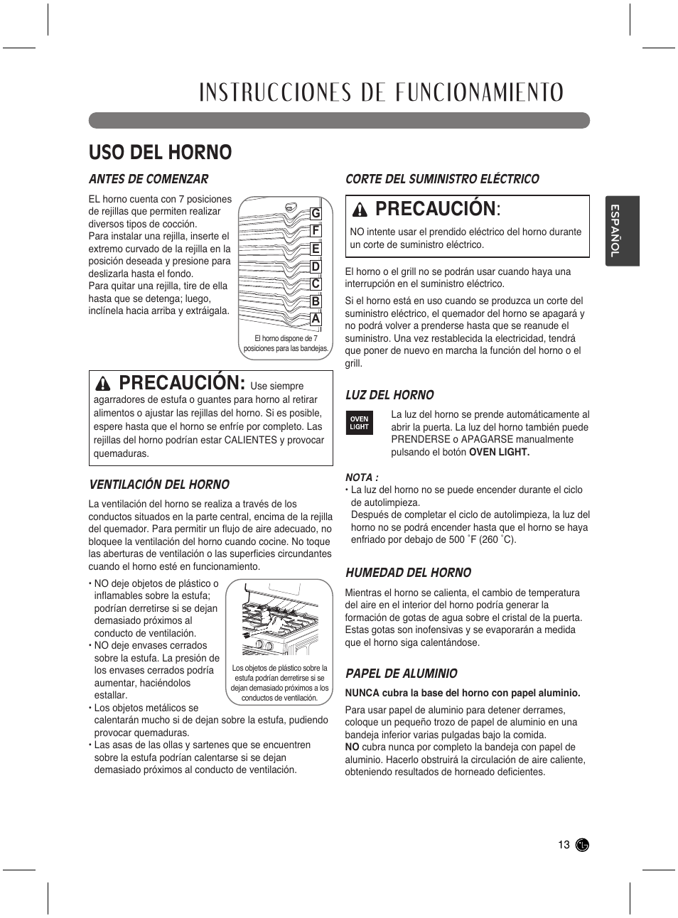 Instrucciones de funcionamiento, Uso del horno, Precaución | LG LRG3021ST User Manual | Page 49 / 76