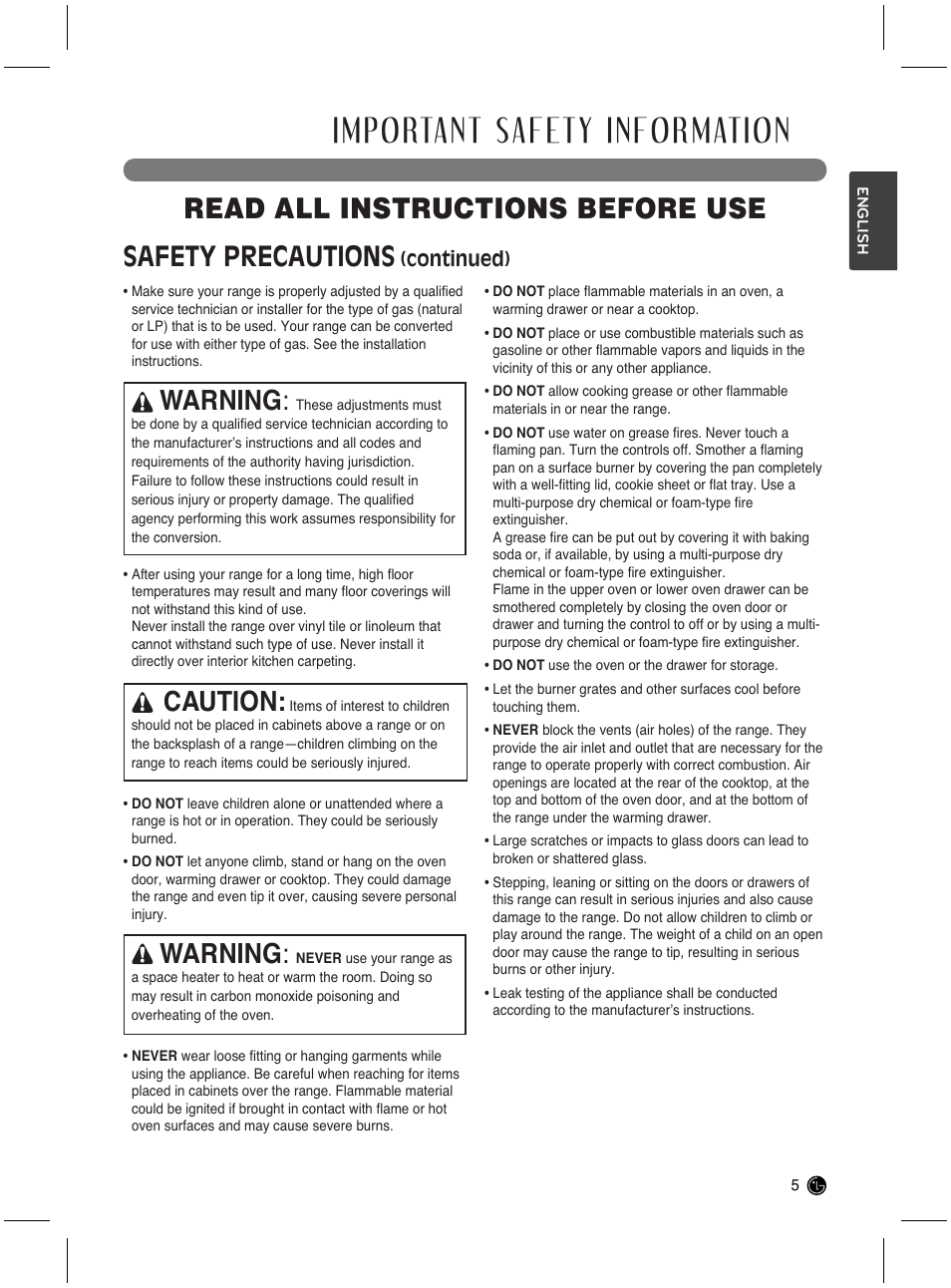 Important safety information, Read all instructions before use, Safety precautions | Warning, Caution, Continued) | LG LRG3021ST User Manual | Page 5 / 76