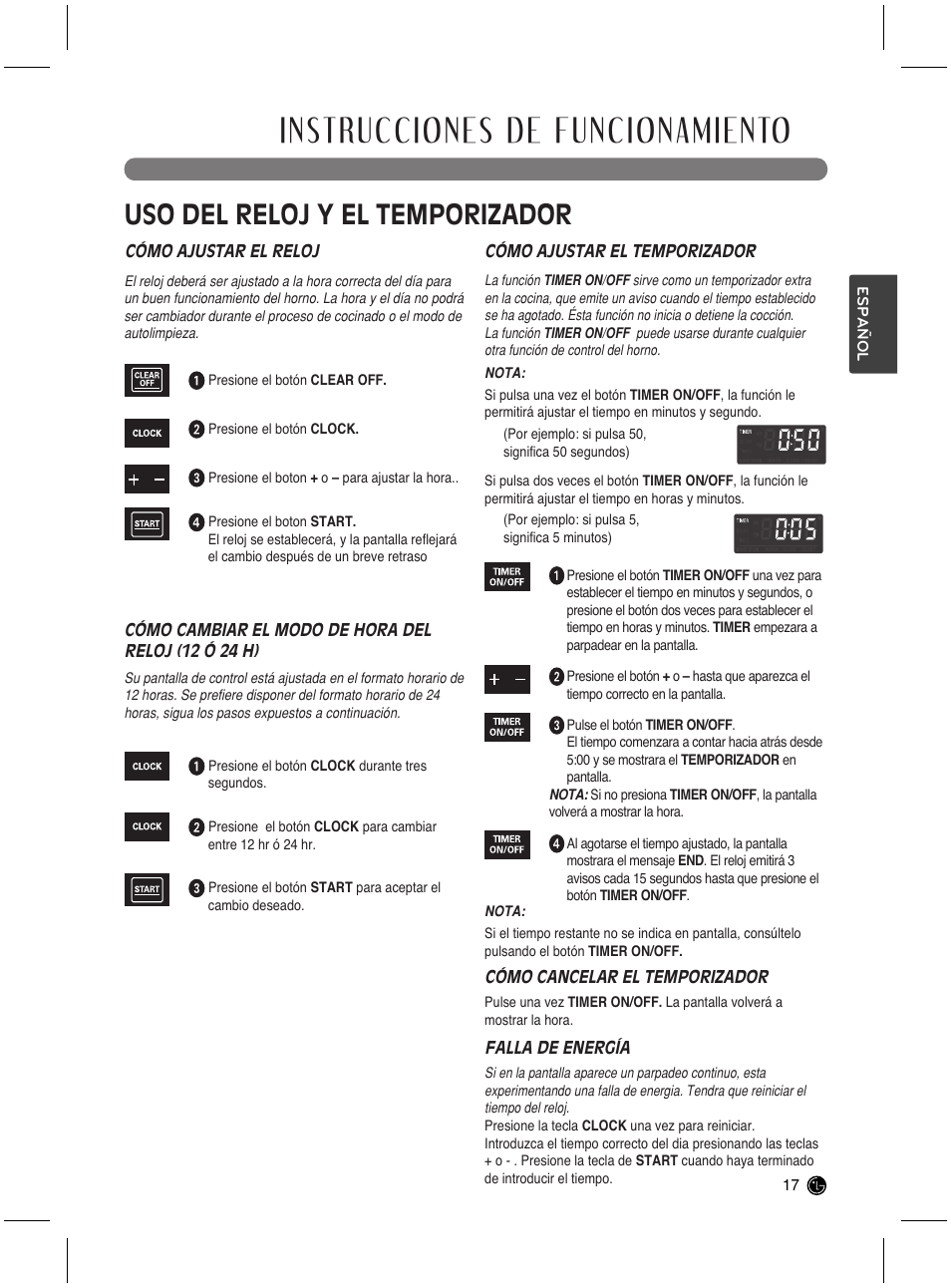 Instrucciones de funcionamiento, Uso del reloj y el temporizador | LG LRG3021ST User Manual | Page 53 / 76
