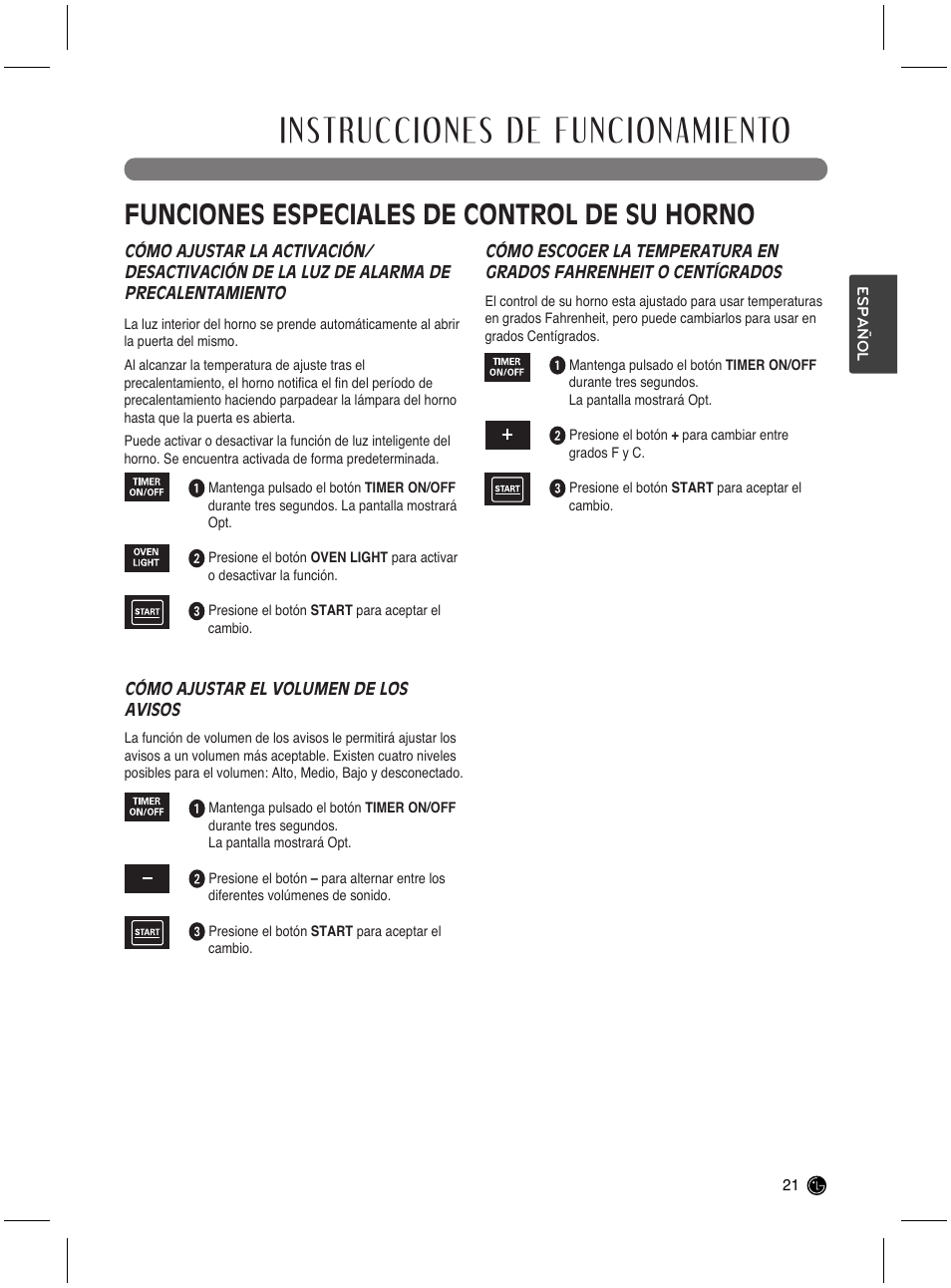Instrucciones de funcionamiento, Funciones especiales de control de su horno | LG LRG3021ST User Manual | Page 57 / 76