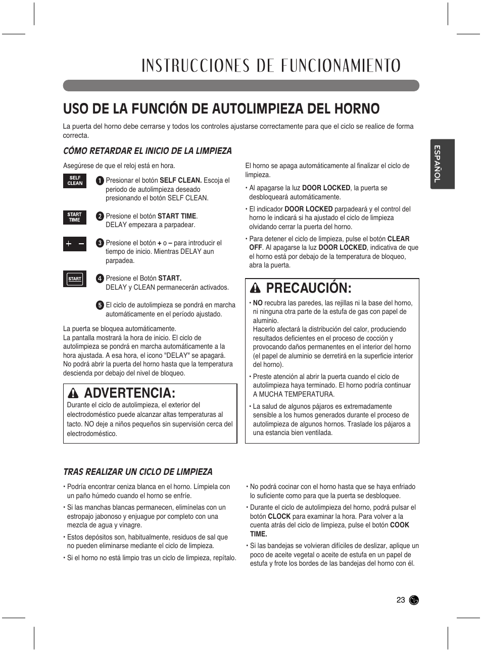 Instrucciones de funcionamiento, Uso de la función de autolimpieza del horno, Advertencia | Precaución | LG LRG3021ST User Manual | Page 59 / 76