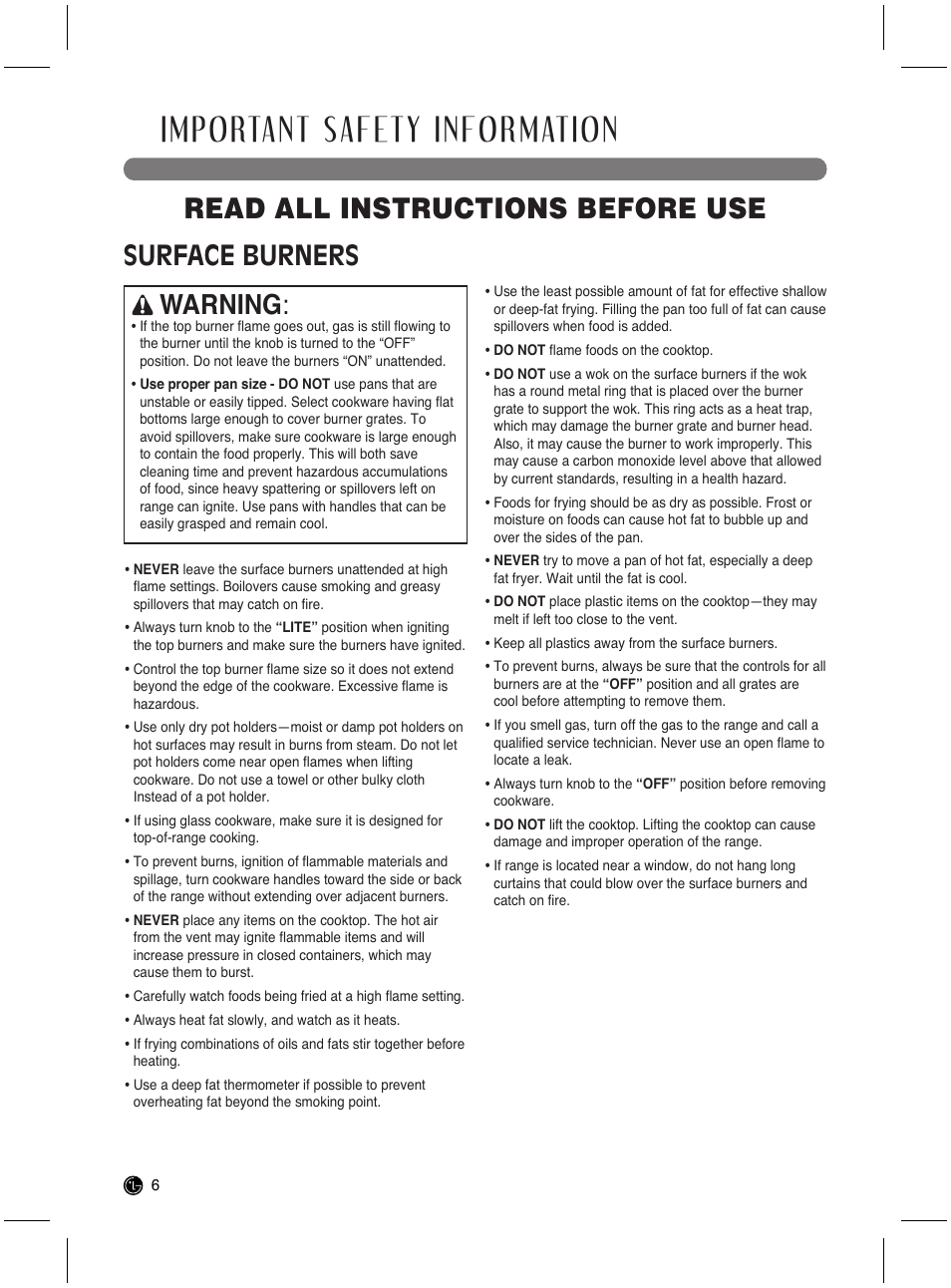 Important safety information, Read all instructions before use, Surface burners | Warning | LG LRG3021ST User Manual | Page 6 / 76