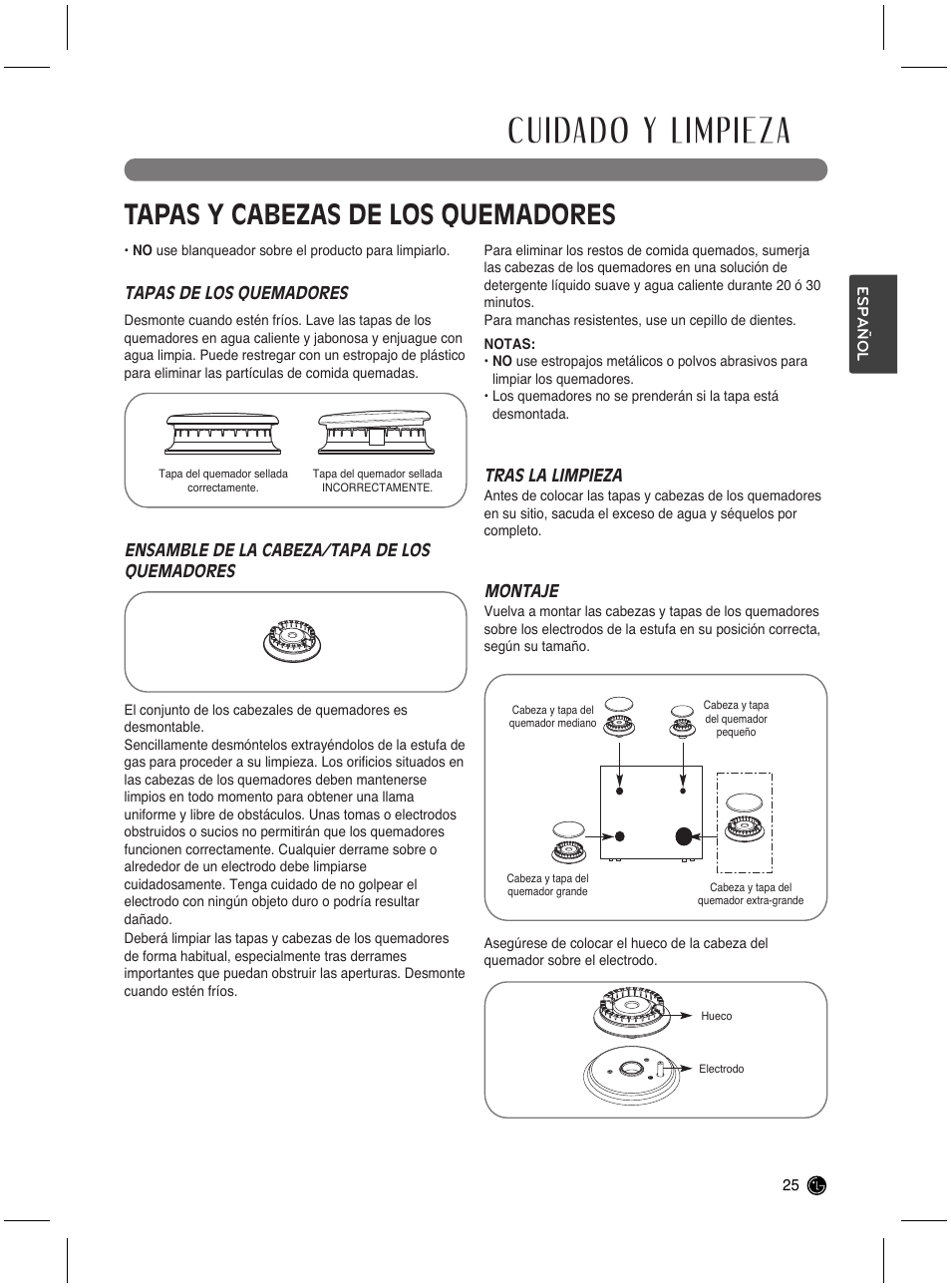Cuidado y limpieza, Tapas y cabezas de los quemadores | LG LRG3021ST User Manual | Page 61 / 76