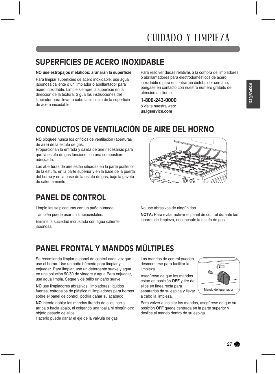 Cuidado y limpieza, Superficies de acero inoxidable, Conductos de ventilación de aire del horno | Panel de control, Panel frontal y mandos múltiples | LG LRG3021ST User Manual | Page 63 / 76