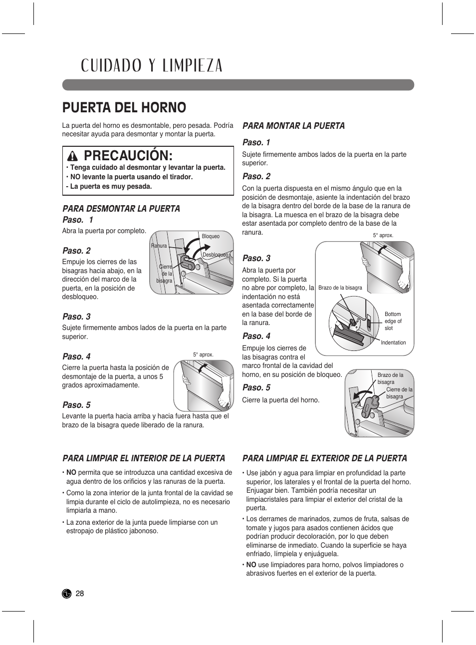 Cuidado y limpieza, Puerta del horno, Precaución | LG LRG3021ST User Manual | Page 64 / 76