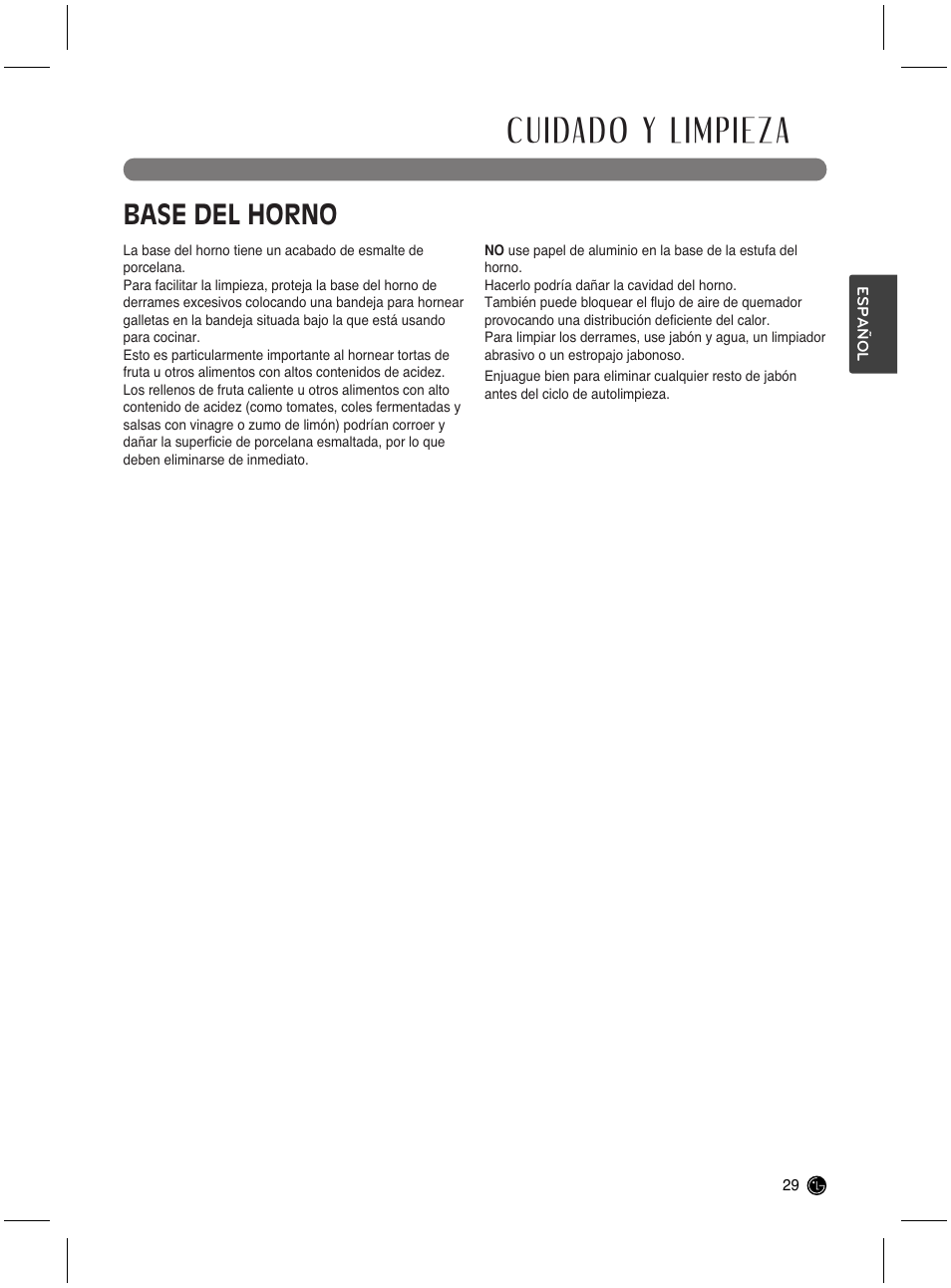 Cuidado y limpieza, Base del horno | LG LRG3021ST User Manual | Page 65 / 76