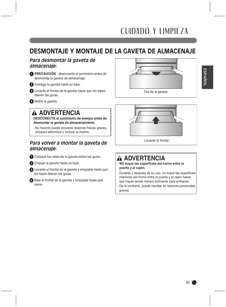 Cuidado y limpieza, Desmontaje y montaje de la gaveta de almacenaje, Advertencia | LG LRG3021ST User Manual | Page 67 / 76
