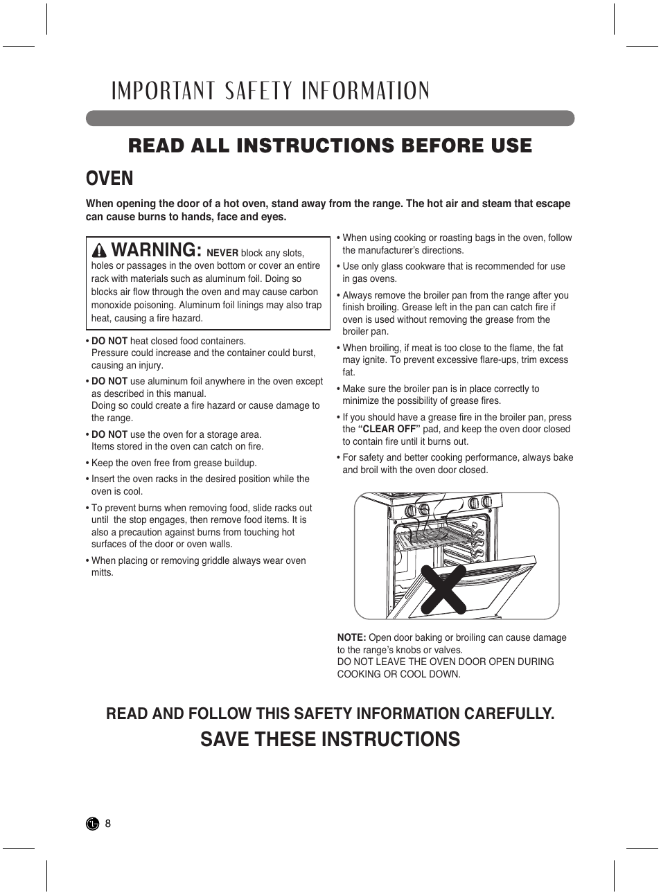 Important safety information, Read all instructions before use, Save these instructions | Oven, Warning, Read and follow this safety information carefully | LG LRG3021ST User Manual | Page 8 / 76