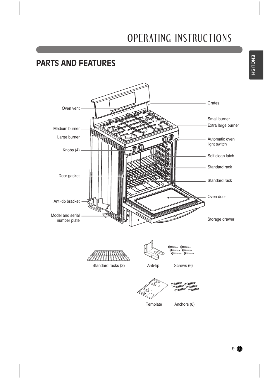 Operating instructions, Parts and features | LG LRG3021ST User Manual | Page 9 / 76