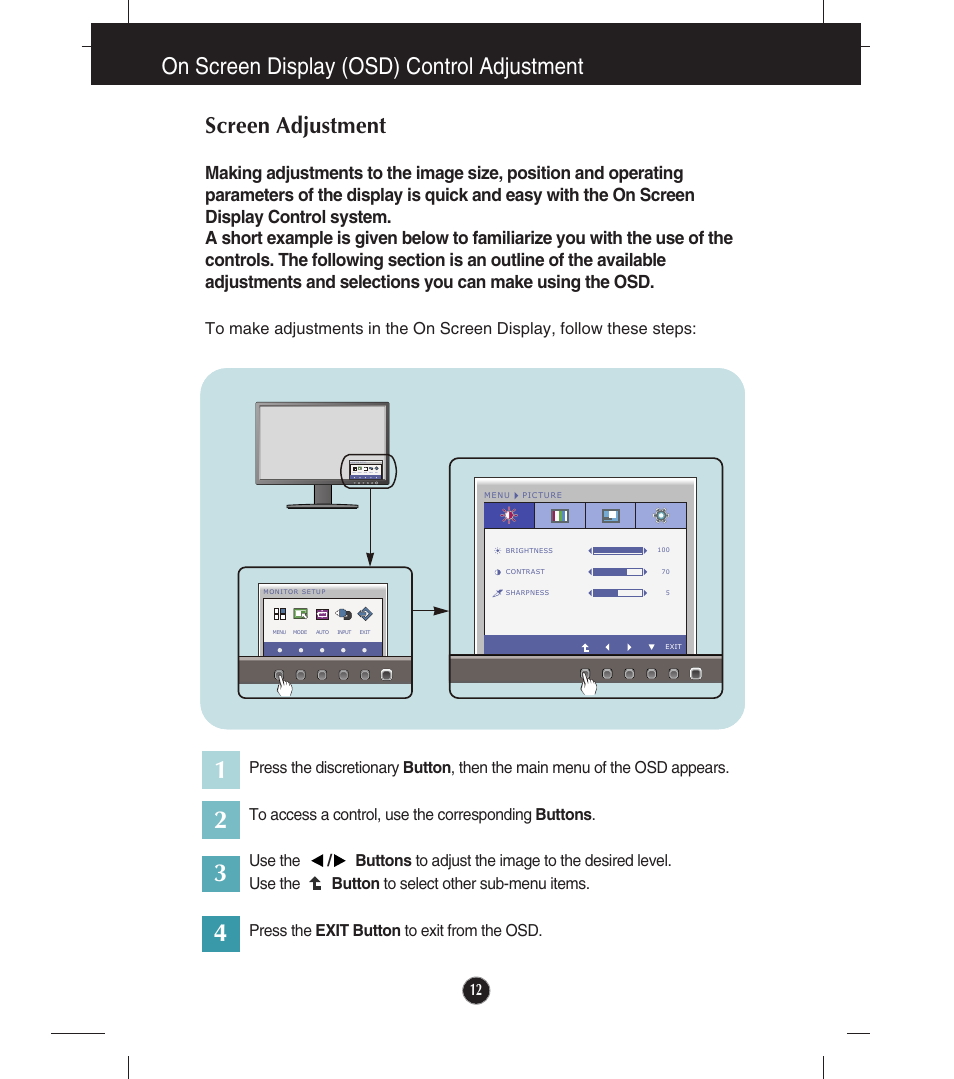 On screen display (osd) control adjustment, Screen adjustment | LG E1910P-BN User Manual | Page 13 / 32