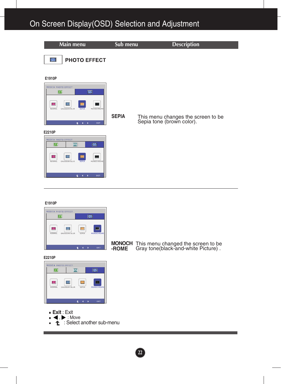 On screen display(osd) selection and adjustment | LG E1910P-BN User Manual | Page 23 / 32