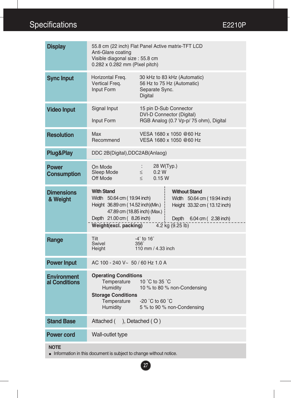 E2210p, Specifications | LG E1910P-BN User Manual | Page 28 / 32