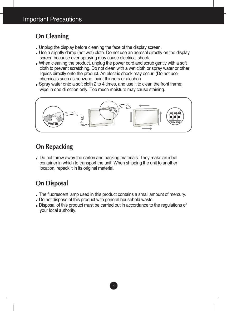 On cleaning, On repacking, On disposal | Important precautions | LG E1910P-BN User Manual | Page 4 / 32