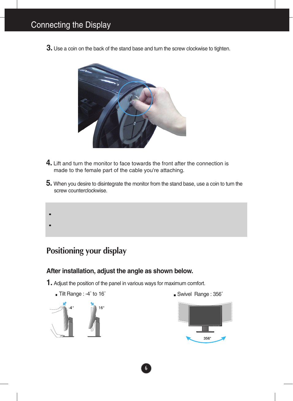 Positioning your display, Connecting the display | LG E1910P-BN User Manual | Page 7 / 32