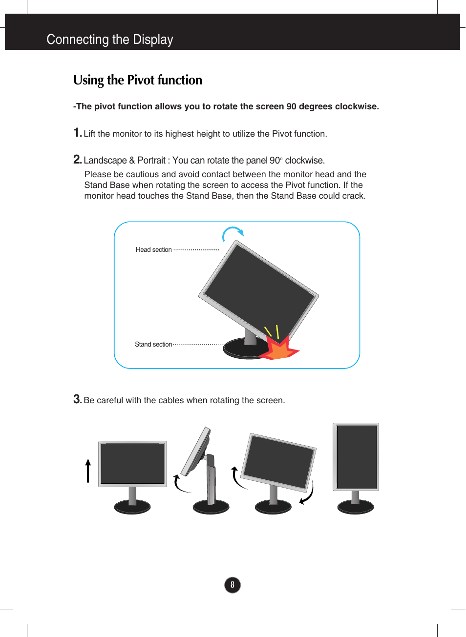 Using the pivot function, Connecting the display | LG E1910P-BN User Manual | Page 9 / 32