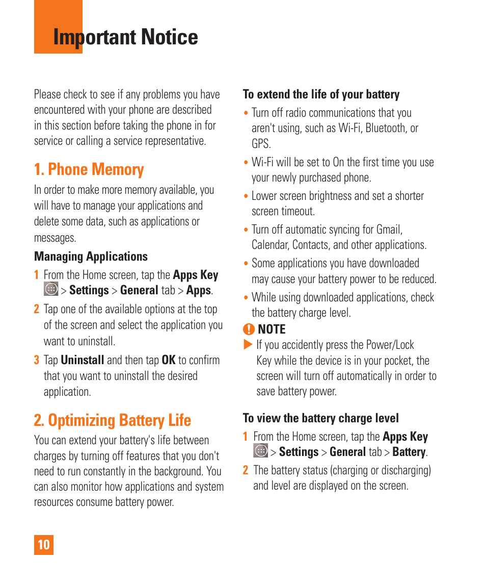 Important notice, Optimizing battery life | LG LGD850 User Manual | Page 10 / 131