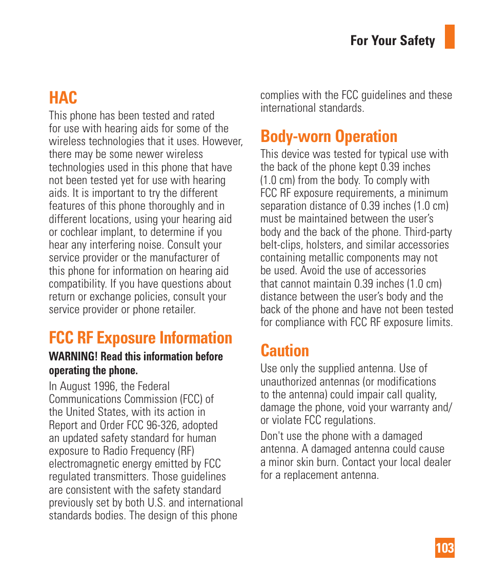 Fcc rf exposure information, Body-worn operation, Caution | LG LGD850 User Manual | Page 103 / 131