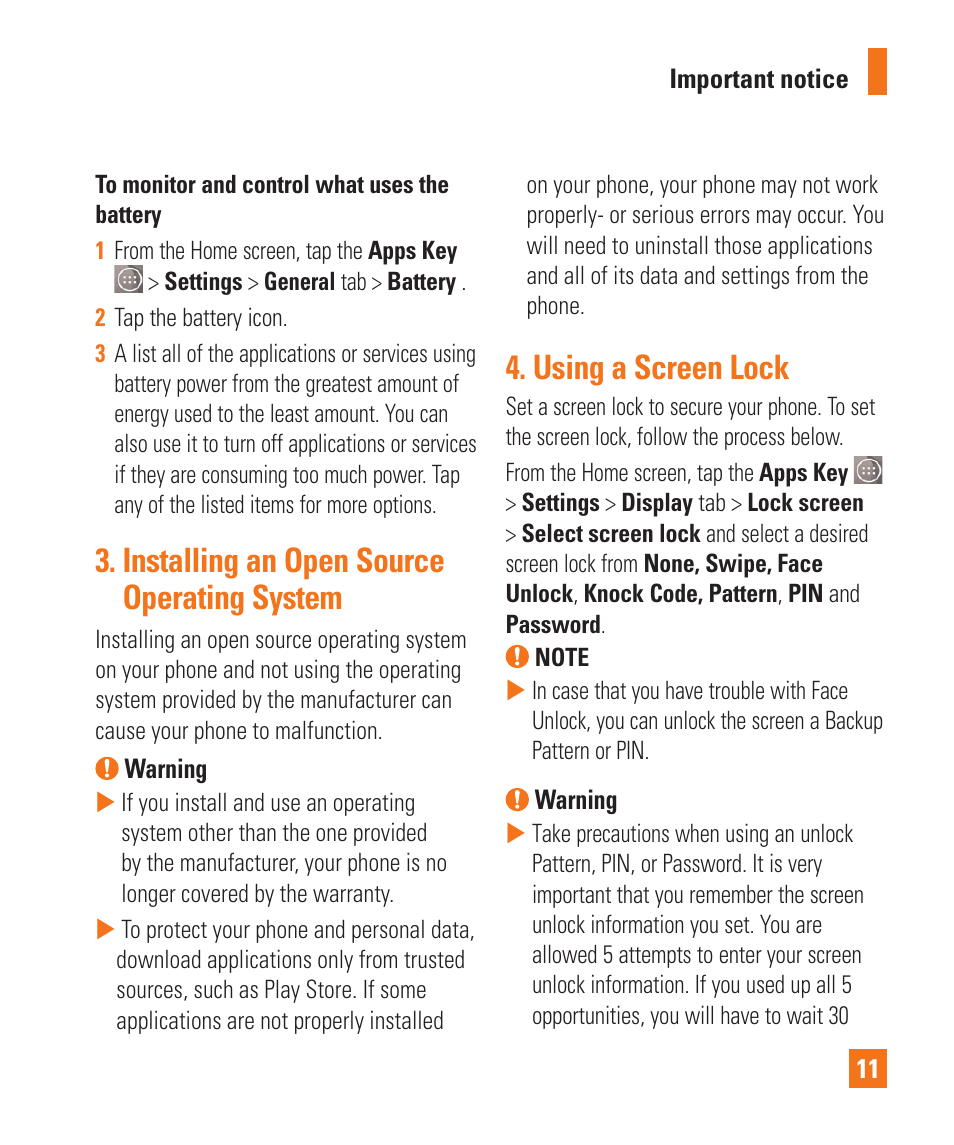 Installing an open source operating system, Using a screen lock | LG LGD850 User Manual | Page 11 / 131