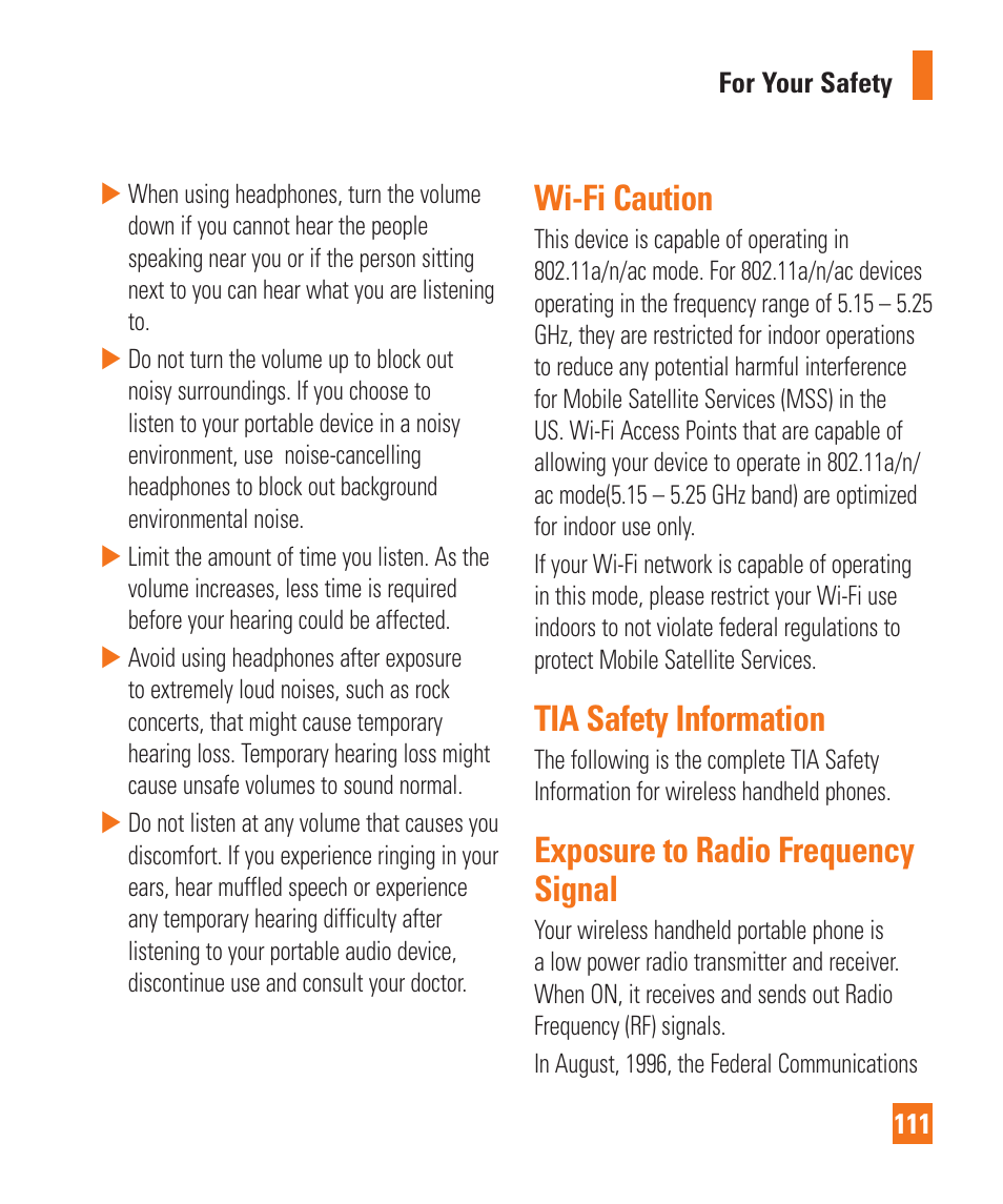Wi-fi caution, Tia safety information, Exposure to radio frequency signal | LG LGD850 User Manual | Page 111 / 131
