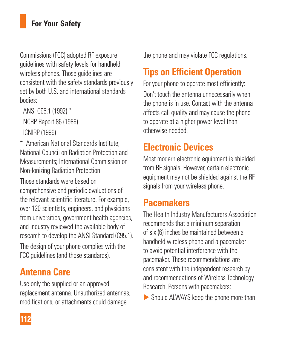 Antenna care, Tips on efficient operation, Electronic devices | Pacemakers | LG LGD850 User Manual | Page 112 / 131